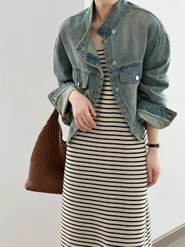 Женская джинсовая куртка короткой длины - осенняя новинка, модный воротник-стойка с чувством дизайна, куртка с длинными рукавами.