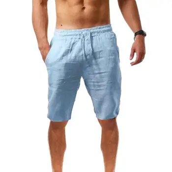 Мужские повседневные шорты; Однотонные короткие брюки из дышащего хлопка и льна с завязками средней высоты; Шорты для активного отдыха длиной до колен