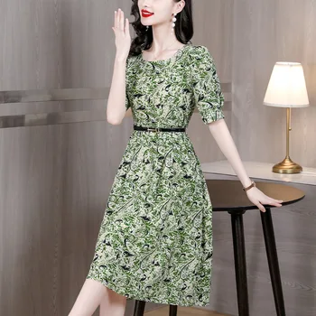 Новое летнее шифоновое платье с цветочным рисунком 2023, элегантное платье трапециевидной формы с высокой талией, Корейское Винтажное повседневное Женское платье