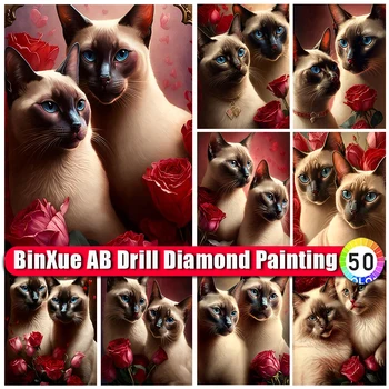 BinXue 2023 New AI Art Couple Cat AB Diamond Painting Kit Роза Цветок Вышивки Крестом Животное Ручной работы 5D DIY Мозаика Подарок для домашнего декора