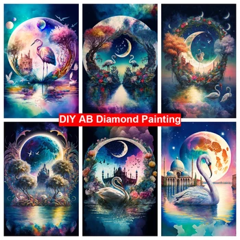 Лебединая Луна 5D DIY Алмазная живопись AB Алмазная мозаика с полной дрелью, Пейзаж, Горный хрусталь, вышивка крестом, Картина для домашнего декора