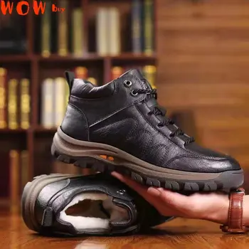 Мужская кожаная походная обувь, зимние теплые удобные кроссовки, модная обувь, обувь для ходьбы, обувь для инструментов, вулканизированная обувь на шнуровке