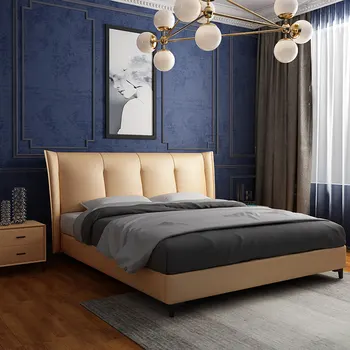 Итальянская минималистичная современная простая светлая роскошная спальня с кожаной кроватью площадью 1 кв. м, освещенная мебелью на 2 персоны с ящиком для хранения