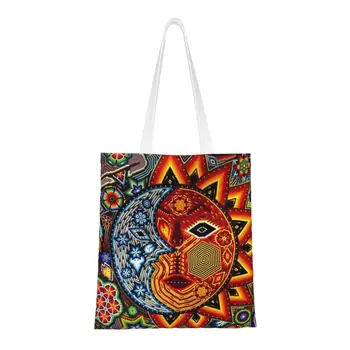 Модная сумка для покупок в стиле Sun Art Huichol Boho многоразового использования, Мексиканский цветок, День мертвых, продукты, холщовая сумка для покупок через плечо