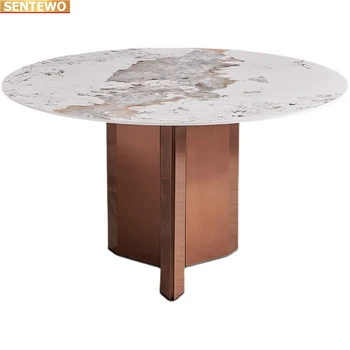 Дизайнерская роскошная круглая кухня из мраморной плиты обеденный стол с 6 стульями mesa de jantar tablo furniture Мраморное основание из углеродистой стали
