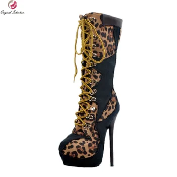 Первоначальное намерение Новые сексуальные женские сапоги до середины икры на платформе с круглым носком, сапоги на тонком высоком каблуке, Леопардовая женская обувь Плюс размер США 4-15