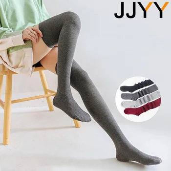 Вертикальные полосы над коленом, демонстрирующие тонкие корейские носки с ворсом, теплые однотонные хлопчатобумажные женские носки с длинной трубкой