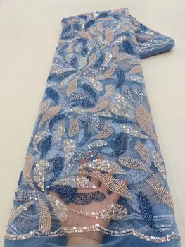 Роскошная Нигерийская кружевная ткань с пайетками ручной работы, Африканская 2023 Высококачественная кружевная ткань с вышивкой бисером, Французская кружевная ткань для свадебного платья