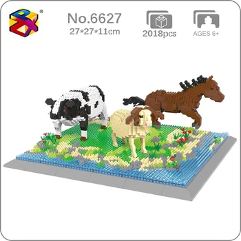 PZX 6627 Животный мир Корова Лошадь Ягненок Овца Цветочная река 3D DIY Мини Алмазные блоки Кирпичи Строительная игрушка для детей Подарок без коробки